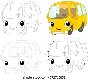 Cartoon yellow bus. Vector illustration. Coloring and dot to dot educational game for kids