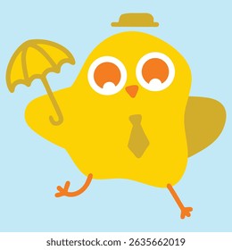 Cartoon yellow business bird wearing fedora and bow tie while holding umbrella. Late and rushing to work in bad weather for stickers, icons, pins, or presentation mascots. Vector illustration, EPS 10.