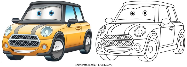 Cartoon yellow car. Coloring page and colorful clipart character. Cute design for t shirt print, icon, logo, label, patch or sticker. Vector illustration.