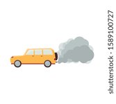 Cartoon yellow car with grey smoke coming out of exhaust pipe - air pollution from carbon emission. Isolated flat vector illustration on white background.