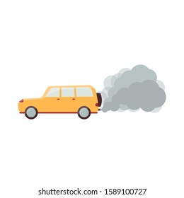Cartoon yellow car with grey smoke coming out of exhaust pipe - air pollution from carbon emission. Isolated flat vector illustration on white background.