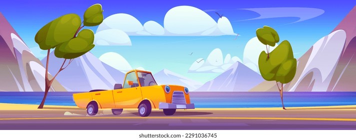 Cartoon yellow car riding mountain road. Vector illustration of cabriolet vehicle driving highway with view of rocky Alpine range, clear blue lake or river, birds flying high in sky. Summer travel