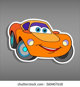 Cartoon yellow car sticker for boys.Vector illustration of doodle car for scrapbook.Transportation Applique Background. Funny smile orange car in paper cut style. Comic character for textile 