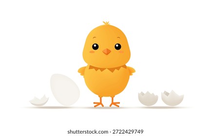 Un pollito amarillo de dibujos animados que sale de un huevo blanco. Ideal para la decoración de Pascua, libros infantiles, materiales educativos, pegatinas, diseños de empaques de dulces y postales