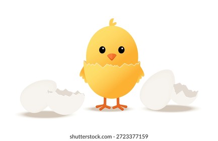 Un pollito amarillo de dibujos animados que sale de un huevo blanco. Ideal para la decoración de Pascua, libros infantiles, materiales educativos, pegatinas, diseños de empaques de dulces y postales