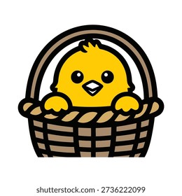 A cartoon yellow chick sitting inside a basket