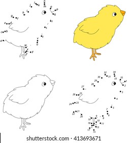 Cartoon yellow chicken. Coloring book and dot to dot educational game for kids