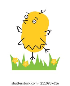 Cartoon yellow chicken on the grass. Easter chick in a skirt on field. Line art. Vector illustration.