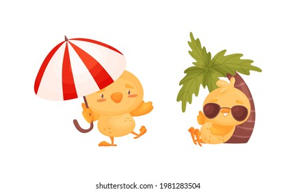Cartoon Yellow Chicken Walking with Umbrella and Sunbathing Under Palm Tree Vector Set