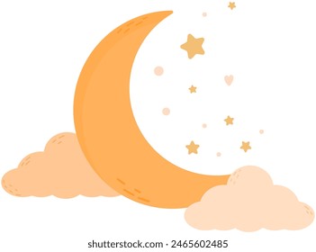 Cartoon yellow crescent in clouds and stars on blue background.