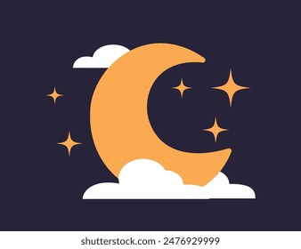 Cartoon yellow crescent in clouds and stars on dark blue background. Moon icon. Concept sleep time, night, dream. Vector childish illustration