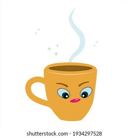 Cartoon yellow cup. A funny character. Coffee, earthenware dishes with an anthropomorphic face. Vector isolated illustration of comic kitchen utensils on white background. Menu design, templates.