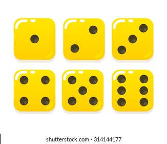 Cartoon yellow dice in modern flat vector style. Six states.