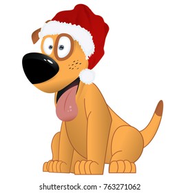 Cartoon yellow dog in the Santa Claus hat, symbol of the year 2018, vector drawing. Yellow white cartoon shaggy dog full-length isolated on white background