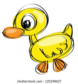 Cartoon Yellow Duck In A Naive Drawing Style