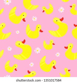 Cartoon yellow duck toys pattern. Children illustration. Design for posters, cards, prints, background. Elements for kids room.