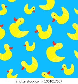 Cartoon yellow duck toys pattern. Children illustration. Design for posters, cards, prints, background. Elements for kids room.