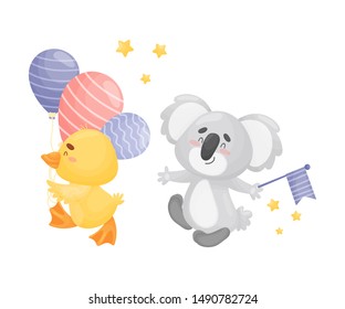 Cartoon yellow duckling and koala. Vector illustration on a white background.