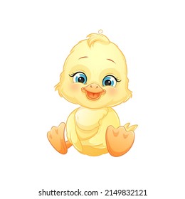 Cartoon yellow duckling, vector illustration, isolated on white background. Fairy animal.