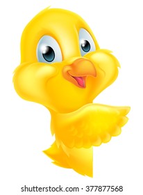 Cartoon yellow Easter chick bird pointing at a signboard