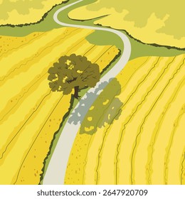Cartoon yellow fields and trees. Vector hand drawn illustration, field landscape.	
