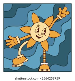 Cartoon yellow flower with face, arms and legs in groovy style. Vector illustration