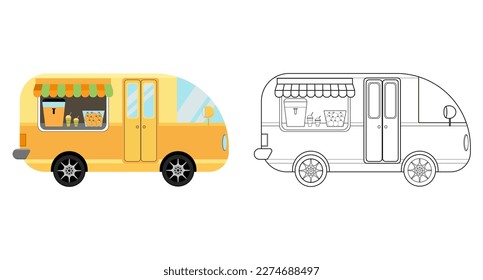 Cartoon yellow food truck. Coloring page and colorful clipart character. Cute design for t shirt print, icon, logo, label, patch or sticker. Vector illustration.