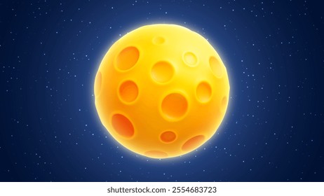 Cartoon yellow full moon with craters 3d vector icon isolated on white background. Cheese planet, moon, asteroid. Cute 3d symbol for children's astronomy education and space theme. Vector illustration