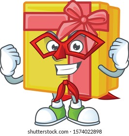 A cartoon of yellow gift box wearing costume of Super hero