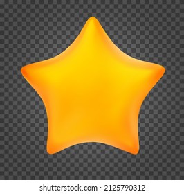 Cartoon yellow glossy star isolated on transparent background. Realistic sweet design children element. Colorful clay, plastic or soft toy. Beautiful stylized funny vector illustration.