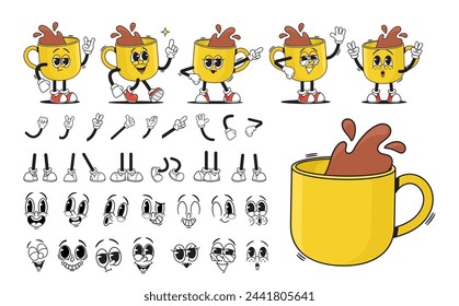 Cartoon Yellow Groovy Cup of Tea or Coffee Drink Character Creation Kit. Vector Collection of Porcelain Mug Animation