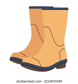 Cartoon yellow gumboots, simple flat vector style illustration. Shoes fashion, waterproof workwear, rain boots, weather walking, rain fall season, rubber, pair . Insulated, trendy sticker icon symbol.