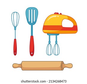 Cartoon yellow hand mixer, rolling pin, kitchen utensils set. Vector illustration of kitchen appliances in cartoon childish style. Isolated funny clipart. cute print.