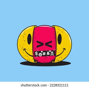 Cartoon yellow happy smiled emoji face with angry red furious face inside of it as fake emotion or real mood concept isolated on blue background. Vector illustration