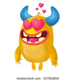 Cartoon yellow horned monster in love. St Valentines vector illustration of  loving monster