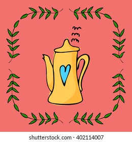 Cartoon yellow kettle with leaves border