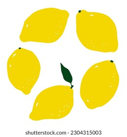 Cartoon yellow lemon. Hand-drawn citrus isolated on white background. Delicious fruit is a symbol of summer, wholesome nutrition, natural food. Ingredient for lemonade, juice menu. Vector illustration