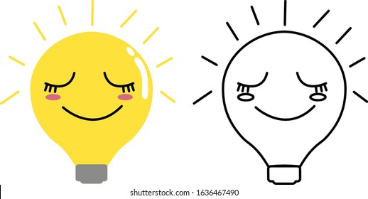 Cartoon yellow light bulb  with rays shine  isolated on white background.Vector illustration in flat design.