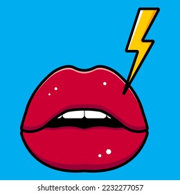 Cartoon yellow lightning and red lips. Vector sticker. Vector illustration