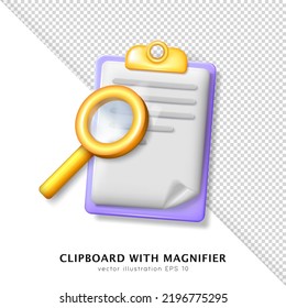 Cartoon yellow magnifier and purple clipboard with paper sheet. 3d cartoon folder with glossy magnifying glass (loupe, zoom tool) isolated on white and transparent background. - Powered by Shutterstock - Get 15% off with code: PIKWIZARD15