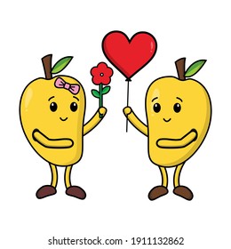 cartoon yellow mango couple falling in love with flowers and love balloons 