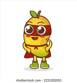 Cartoon yellow mango fruit superhero funny character. Cute Mango cartoon character of an exotic fruit in a superhero costume, mask and cloak.