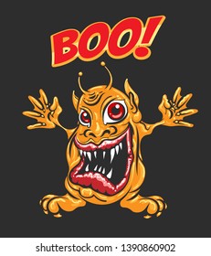 Cartoon Yellow Monster with huge open Mouth and Wording Boo. Vector illustration.