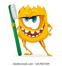 Cartoon yellow monster with toothbrush. Bacteria with large eyes, teeth, hands, feet. Microorganism on a white background. Charismatic virus.