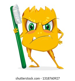 Cartoon yellow monster with toothbrush. Bacteria with large eye, teeth, hands, feet. Microorganism on a white background. 