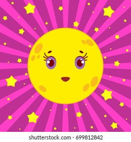 Cartoon yellow moon smiling on a pink striped background with stars.