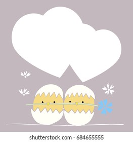 Cartoon yellow newborn chicken in the broken egg.