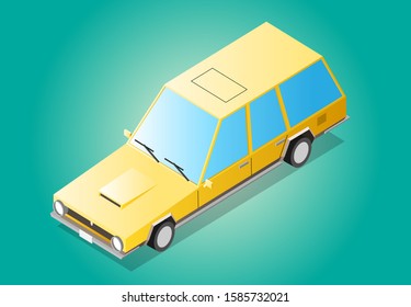 Cartoon yellow old american retro isometric long car with shadow. Isolated on blue background. Vector icon.
