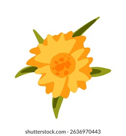 Cartoon Yellow Orange Flower Icon. Bright single stylized bloom with orange center and green leaves in flat cartoon style, isolated on white background.

