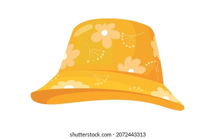 Cartoon yellow panama. Summer hat with flowers, vector illustration isolated on white background